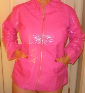 Womans Pink 100% Vinyl Raincoat with Zipper Front & Pockets Size S/M 