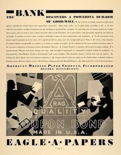 1930 Ad American Writing Paper Eagle A Coupon Bonds   ORIGINAL 