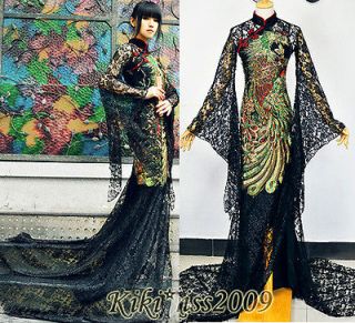 Gothic China Black Chipao Embroider Cocktail Evening Lace Dress Custom 