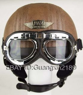 New Brown Leather Vintage Motorcycle Scooter Half Open Face Helmet 