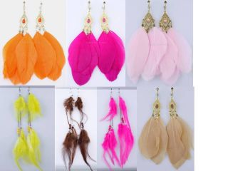 PAIR SPRING CLIP ON Multiple Colored FEATHER+BEAD DANGLE EARRINGS