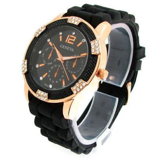 BLACK Rose/Gold Silicone Rubber Band Geneva Crystal Womens WATCH