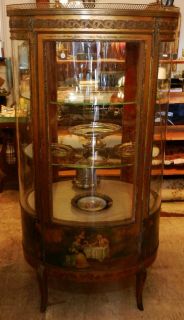Antique 19th C French Round Hand Painted Vernis Martin Curio Cabinet 