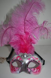 VENETIAN Handmade MasqueradeHalloween Mask PINK/SILVER Feathers Made 