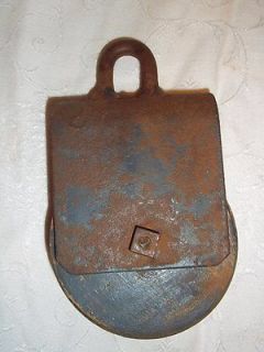 Antique Metal and Wood Single Pulley Block and Tackle Barn Pulley