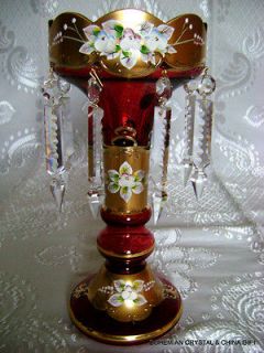   SLAVIA HIGH ENAMEL RUBY RED CRYSTAL GLASS MANTLE LUSTRE VASE NIB
