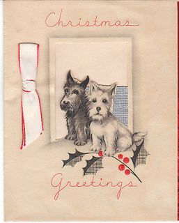 Vintage Christmas Card Scottish Terrier & West Highland Terrier Dog 