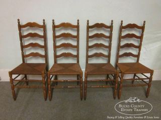 Set of 4 Solid Maple Ladder back Dining Chairs with Rush Seats