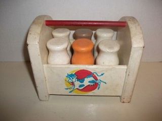 vintage wooden playskool milk crate with milk juice time left