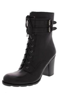 Marc Fisher NEW Peabody Black Leather Lace Up Block Heels Combat Boots 