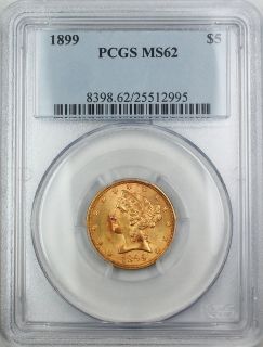 1899 $5 Liberty US Gold Coin, PCGS MS 62, Lightly Toned, AKR