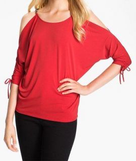 Michael Kors Ruched Cold Shoulder Top Drawstring Ruched Gold Chain Red 