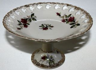 Vintage RARE Ucagco Cake Plate Pedestal Dish Serving Roses Gold Trim 7 