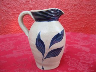 Vintage Williamsburg Stoneware Pottery Folk Art Pitcher Vase Blue 