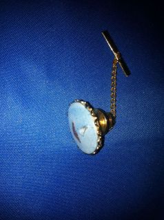 Vintage Estate Tie Tack Clasp with Chain Light Blue Ceramic in Gold 