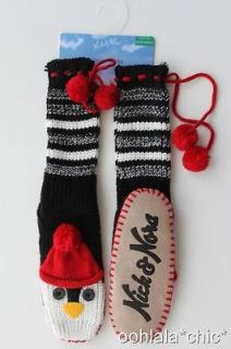  AND NORA Penguin Knit Striped Sweater Slipper Socks Mukluks Slippers