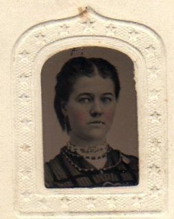 TINTYPE GEM SIZE EMBOSSED PAPER FRAME PERCEPTIVE LADY MANY NECKLACES