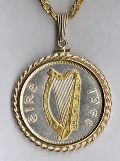 gold silver coin pendant irish penny harp one day shipping
