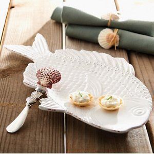 MUD PIE 2 PIECE NAUTICAL FISH PLATTER with REAL SHELL SPREADER