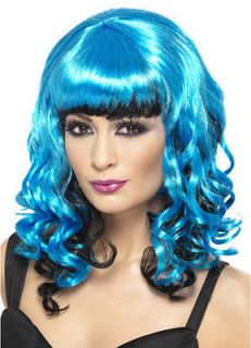 sexy punk emo cosplay costume neon blue black curly wig