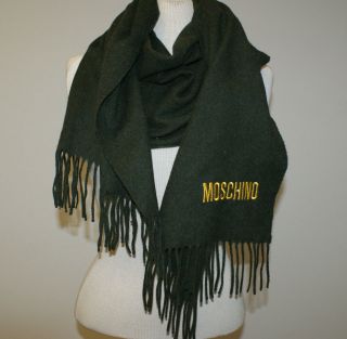 MOSCHINO Dark Olive Green Lambswool Fringe Yellow Embroidered Scarf
