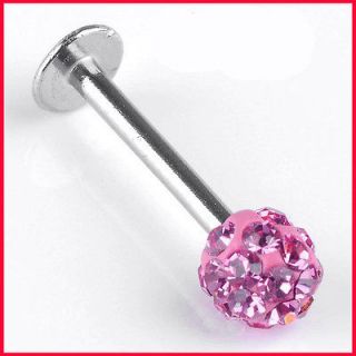   Labret Ring 16ga Bar Stud Tragus Pink Czech Rhinestone Crystal Cool