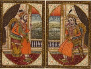 Shah Jahan Mumtaz Mahal Mughal Pair Miniature Portrait Artwork 
