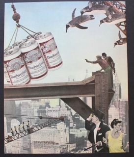1983 New York City Skyscraper & surreal falling penguins Budweiser 