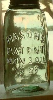   Green Primitive HG MASONS PATENT 1858 Canning Fruit Jar Replica a