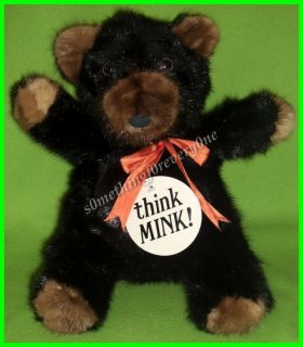 1982 RARE BEAR INC THINK MINK BLACK TEDDY BEAR PLUSH ORANGE RIBBON 12 