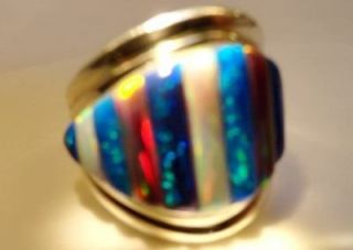  LARGE BRILLIANT BLACK RED White FIRE OPAL MENS Ring! 9 Silver 925 $350