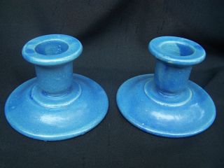 Dorchester Pottery Works Solid Blue Candlesticks with Paper Labels 