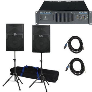 Peavey PVx 12 PA Speaker Pair w/ Behringer EP2000 Amp, Stands 