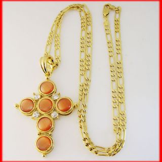 18K YELLOW GOLD SOLID GP FILLED 24 NECKLACE&JESUS CROSS CAT EYE STONE 