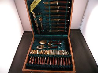   flat ware set, Thailand, Rosewood and brass, forks, knives, spoons