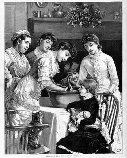   MOTHER, GRANDMOTHER, AUNTS, STIRRING THE CHRISTMAS PUDDING, DOLL, CAT