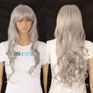 Long curly cosplay wig with straight fringe in silver, UK seller, Jem 