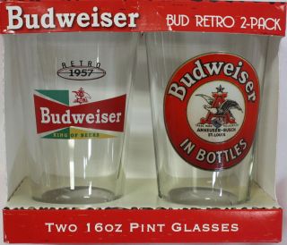 BUDWEISER BUD RETRO PINT BEER GLASSES SET NEW IN BOX BAR PILSNER 16 OZ 