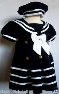 Baby Girl Toddler Formal Nautical Sailor Dress Navy Blue with Hat Size 