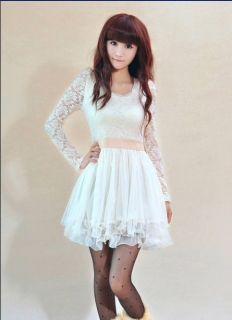 New Hot Elegant White Lace Knitting Korean Long Sleeve Dress