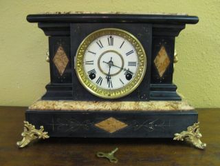 Antique Seth Thomas adamantine mantle clock faux marble lions No. 102
