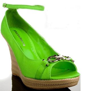 Ladies Green Wedges Green shoes With Silver Buckle 4 Heel LIME ~ ALL 