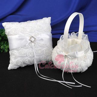 NEW Ivory Wedding Ring Pillow & Flower Girl Basket Set Bow Allover 3D 