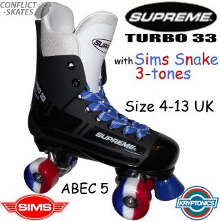 SUPREME Turbo 33 Quad Roller Skates Sims 3 Tone Wheels Red White Blue 