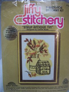 JIFFY STITCHERY SYRUP ANTIQUE TIN CREWEL EMBROIDERY KIT SEALED 1978