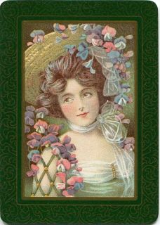 Antique Swap Playing Card Lady in Straw Hat Green border Canadian 