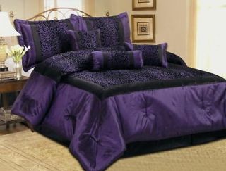 pc leopard purple black flocking satin comforter set king size new 