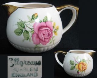   Ellgreave Pottery Co England CREAMER PINK & YELLOW ROSE GOLD ACCENT