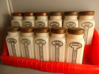 Griffiths 11 white milk glass spice jar set with Red rack