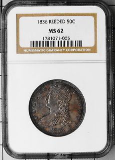 1836 REEDED SILVER HALF DOLLAR NGC MS62 / ONE OF 10 / MINT STATE 
